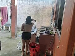 horny maid can't resist my erect cock while esposa's out so she drops shorts for rough bareback pounding