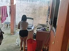 horny maid can't resist my erect cock while esposa's out so she drops shorts for rough bareback pounding