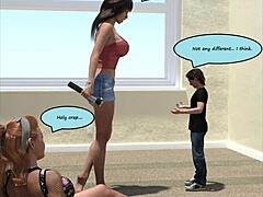 mini guy shrinks as comic giantess boobs grow massively around him