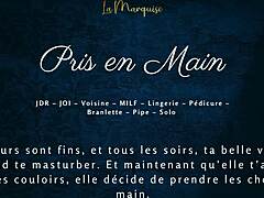 french milf neighbor grabs your cock for sneaky audio handjob in her bedroom