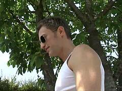 guy spots beautiful brunette in countryside bends her over for deep anal fuck