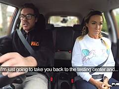 Busty tattooed milf, fuck me doggystyle in this public driving lesson car!