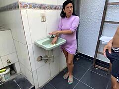 Skinny Stepdaughter Trades Bathroom Help for Father-in-Law Creampie Pussy Milk