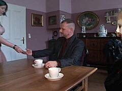 German bdsm master commands slave tits close-up total domination scene.