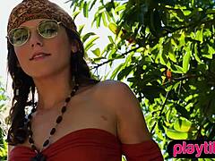 Petite Brunette Teen Unveils Perky Small Tits and Hairy Little Pussy Tease