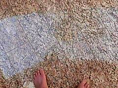 Brazilian dude jerks huge cock in garage and blasts massive load for exhibitionist fans