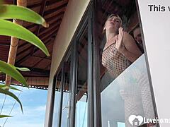 Skinny blonde in fishnets drops to knees for morning blowjob then standing doggy.