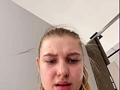 Amateur teen pussy fingered and fucked up close in public locker room.