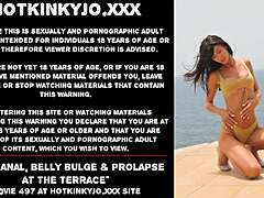 whoops, my ass prolapses huge from deep dildo belly bulge insertion on the balcony terrace