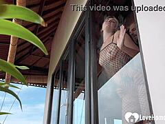 Skinny blonde in fishnets drops to knees for morning blowjob then standing doggy.