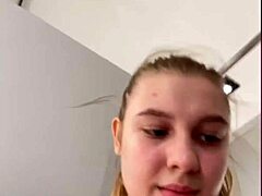 Amateur teen pussy fingered and fucked up close in public locker room.