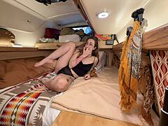 this stoner redhead van life babe squirts super soaker style with magic wand on her perfect hairy pussy pov