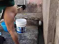 sexy indian milf bhabhi bathes her wet big boobs outside