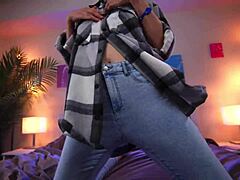 horny stepmom in tight jeans strips and fingers her wet pussy on bed