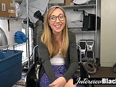 fake black agent grabs white girl head for rough deepthroat blowjob on sofa