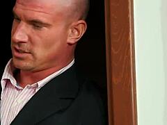 classy brunette babe takes hot cumshot in stockings threesome