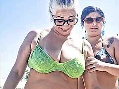 two latina sluts flash sensual beach exhibition for public eyes