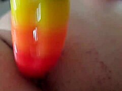 Chubby Brunette Gapes Her Fat Ass With Massive Rainbow Dildo Anal Insertion