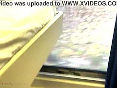 glasses girl sucks cock publicly on train before face fuck pounding