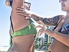 two latina sluts flash sensual beach exhibition for public eyes