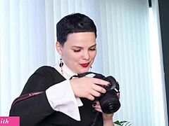 her husband watches as she teases in stockings backstage