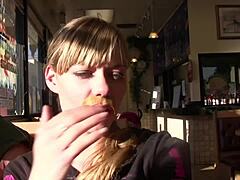 horny blonde deepthroats fat cock in bathroom before hardcore ass pounding