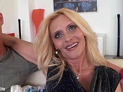 blonde mature wife scarlet mika deepthroats black cock for cuckold creampie in stockings