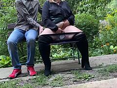 pervert stepson spyin on stepmom's fat curvy milf ass masturbatin public park heels flashin