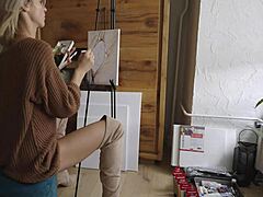 painting her cute pussy flower with glasses and boots