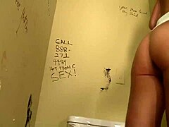 hot blonde amanda kneels sucking monster cock through bathroom gloryhole for facial cumshot