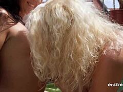 Ersties' hot German lesbians toy-fuck shaved pussies on balcony wild!