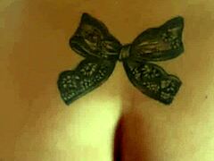 our homemade bimbo wife in lingerie drops to her knees for quickie titjob and blowbang