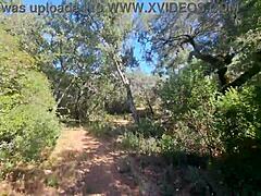 camper dude bends her over in forest 😍 gets deep creampie outdoors public!