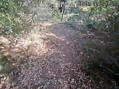 camper dude bends her over in forest 😍 gets deep creampie outdoors public!