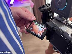 bold double MMF with pornstar Oksana Katysheva oiled pussy doggy facial cumshots backstage