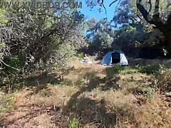 camper dude bends her over in forest 😍 gets deep creampie outdoors public!