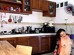 damn, this curvy housewife maid in pantyhose rips clothes for kitchen orgasm