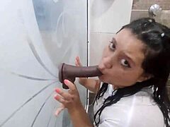 Colombian cutie fingers wet huge tits and juicy ass in bathroom with stepbro's shirt tease