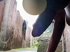 Fat ebony chubby girl masturbates toys big black cock cumshot outdoors