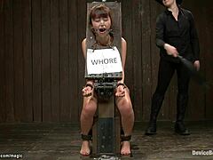 Japanese petite slave tied up whipped rough deepthroat gagging in lesbian bdsm torment.