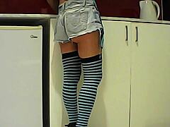 latina brunette girlfriend stuffs banana then slurps big cock in kitchen