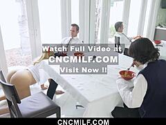 thick stepmom bends over chores while petite stepson pounds her fat ass doggystyle