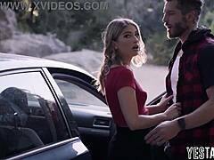 stranded blonde milf hitchhiker sucks fucks big cock outdoors hairy