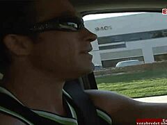 skinny brunette milf slut with fake big tits picks up monster cock for street facial