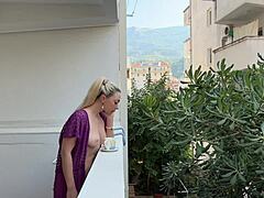 Blonde Bombshell Bares Shaved Pussy And Big Ass On Balcony