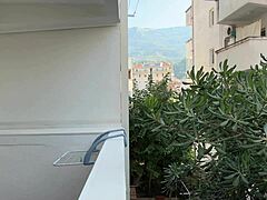 Blonde Bombshell Bares Shaved Pussy And Big Ass On Balcony