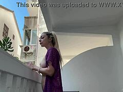 Blonde Bombshell Bares Shaved Pussy And Big Ass On Balcony