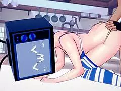 TV žena si užívá sex v bikinách při hentai cowgirl ježdění