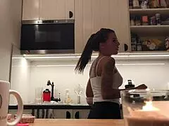 Look at perfect pokies on kitchen cam! Braless Sylvia's amazing nipples!