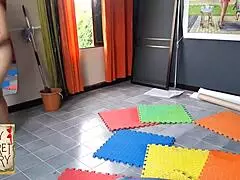 Nude yoga compilation woman in panties practices in gym